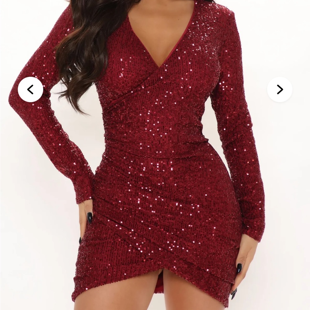 Fashion Nova Burgundy Sequin Long Sleeve Dress